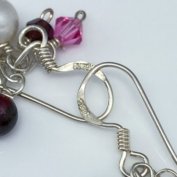 Vintage Sterling Silver 925 Red Garnet White Pearl Glass Beaded Dangle Earrings - Picture 3 of 4